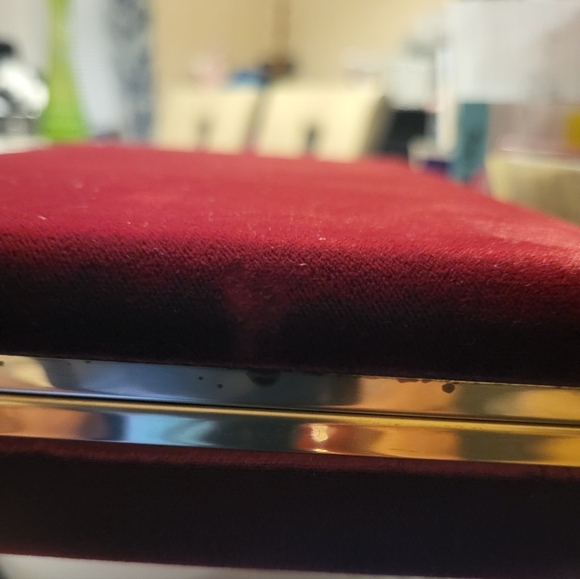 Red Velour Vintage Jewelry Storage Box w/ Gold Trim: Inner Mirror, 24 Compmts. - Picture 6 of 7